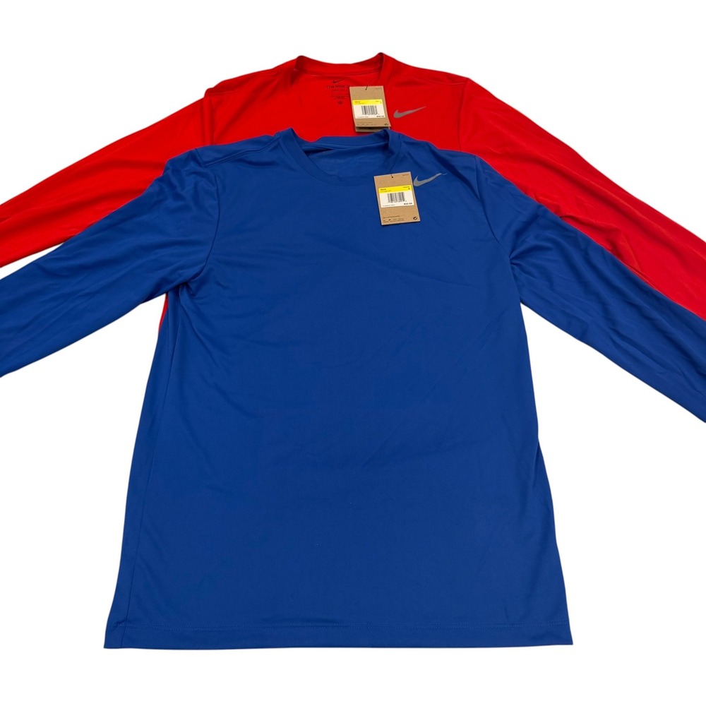 Nike Mens Dri-FIT Legend Long Sleeve Training T-Shirts Lot of 2 Red Blue Plain